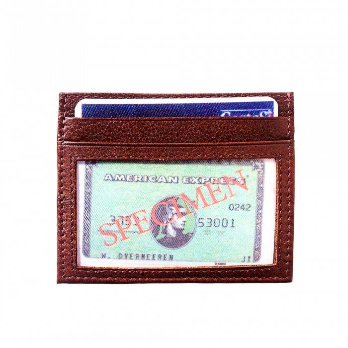 front view of brown leather cardholder with transparent window