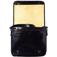 View of Christopher Black Leather Messenger Bag with flap open