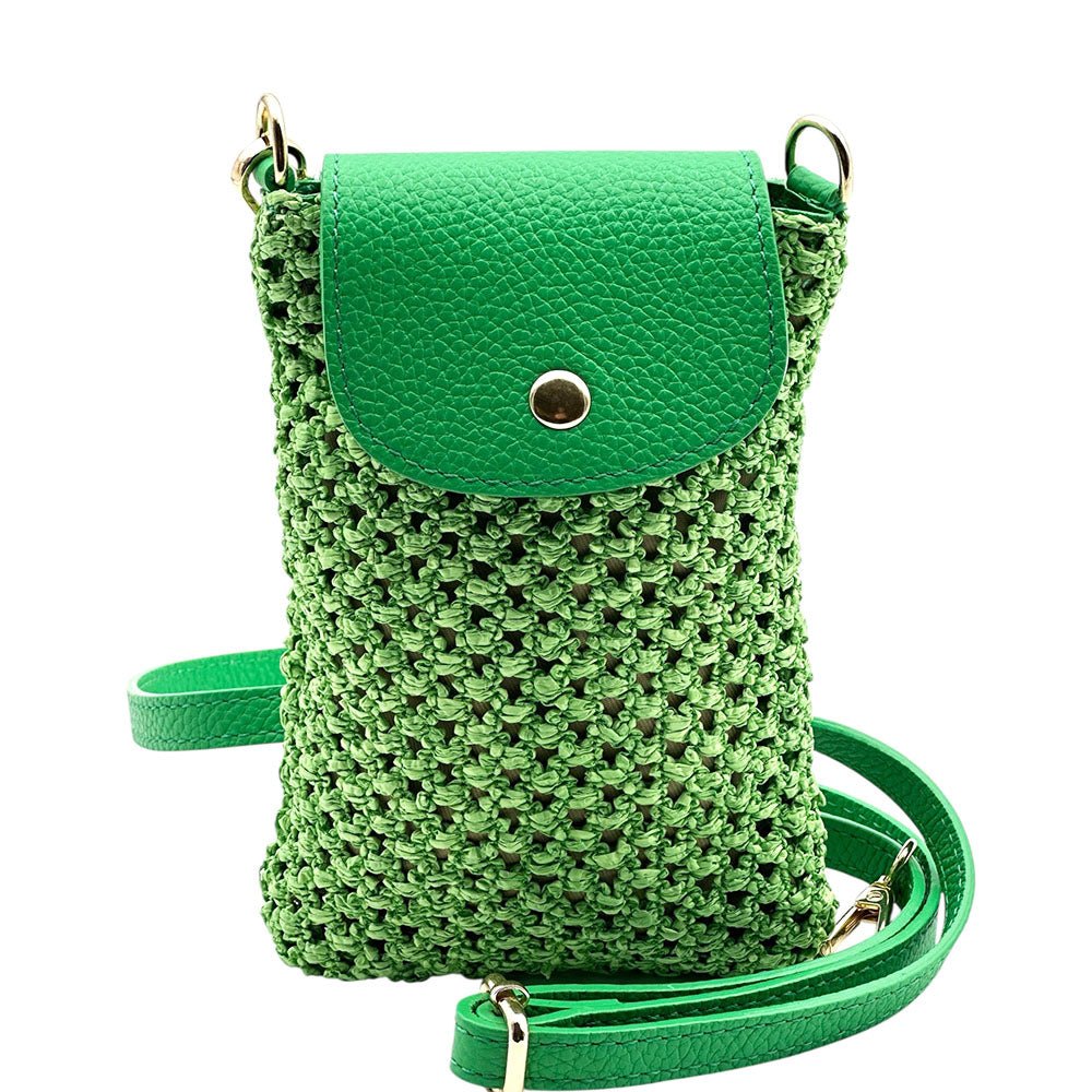 Cindy Handwoven Raffia and Italian Calfskin Phone Crossbody Bag - Leather Italiano