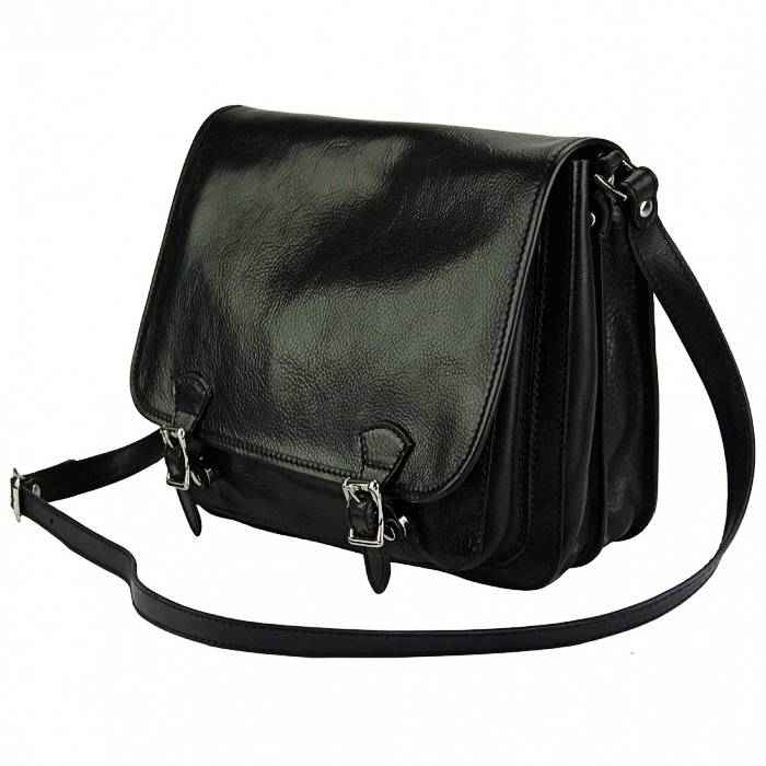 Angled view of Como black Italian leather messenger bag