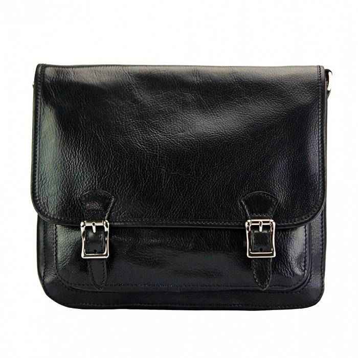 Front view of Como black Italian leather messenger bag