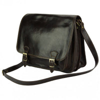 Dark Brown Italian Leather Messenger Bag - Angled View