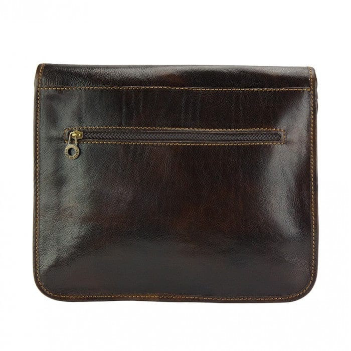 Dark Brown Italian Leather Messenger Bag - Back View