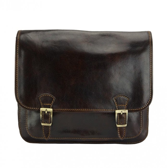 Dark Brown Italian Leather Messenger Bag - Front View