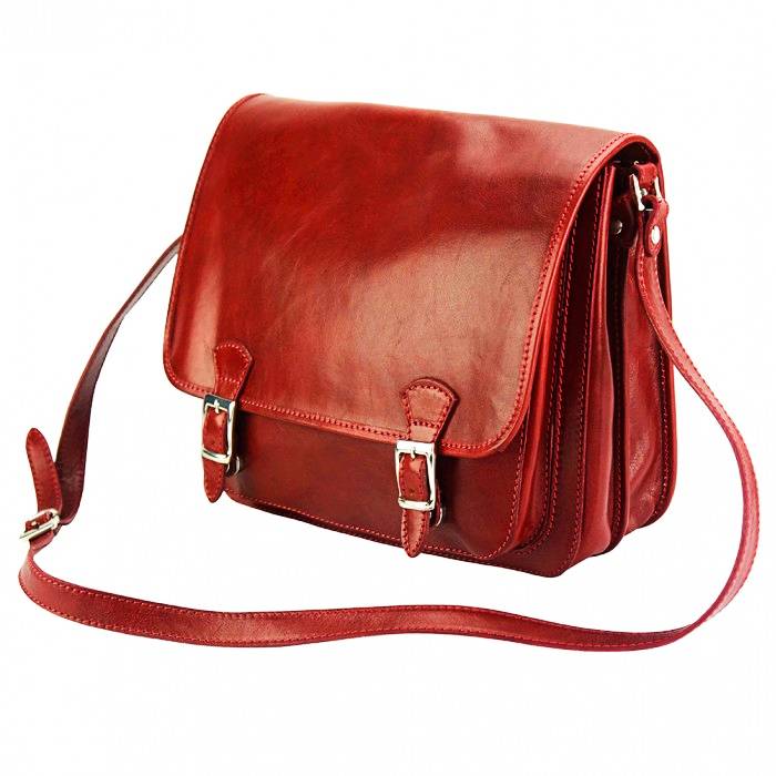 Angled view of Como Red Italian Leather Messenger Bag