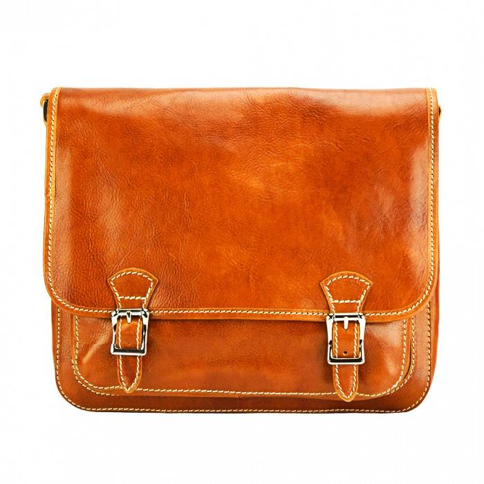 Tan front view of Como Leather Messenger Bag