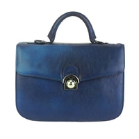 Front View of Compact Navy Leather Satchel with buckle