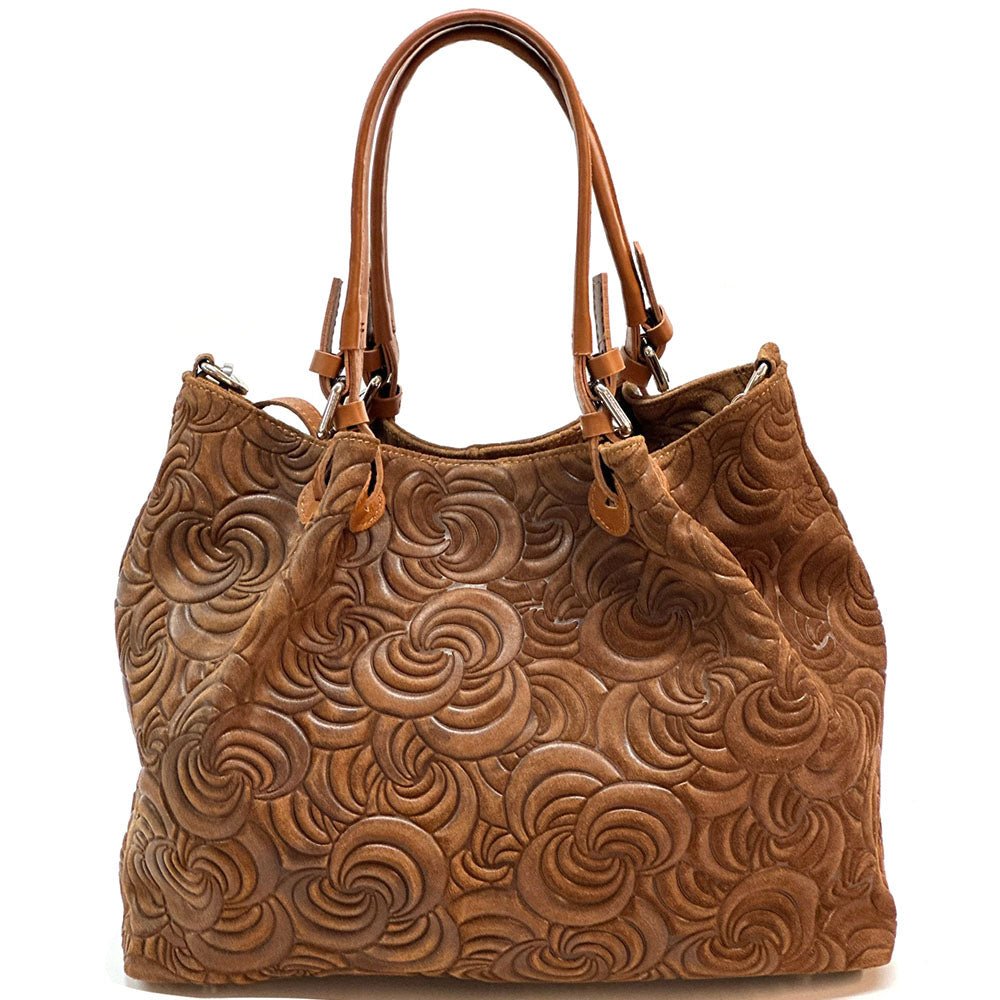 Elsa Italian Suede Tote Bag – Embossed Floral Leather Handbag - Leather Italiano