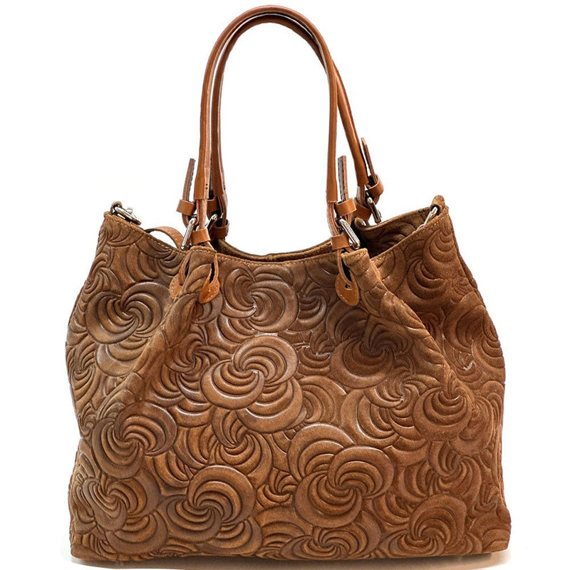 Elsa Italian Suede Tote Bag – Embossed Floral Leather Handbag - Leather Italiano