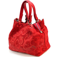Elsa Italian Suede Tote Bag – Embossed Floral Leather Handbag - Leather Italiano