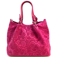 Elsa Italian Suede Tote Bag – Embossed Floral Leather Handbag - Leather Italiano