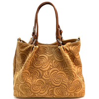Elsa Italian Suede Tote Bag – Embossed Floral Leather Handbag - Leather Italiano