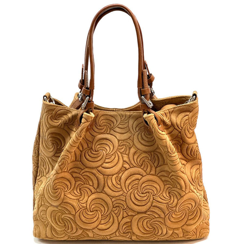 Elsa Italian Suede Tote Bag – Embossed Floral Leather Handbag - Leather Italiano