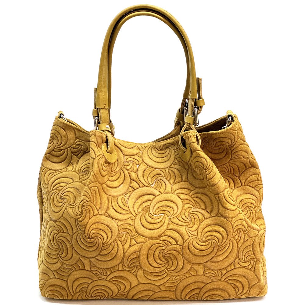 Elsa Italian Suede Tote Bag – Embossed Floral Leather Handbag - Leather Italiano