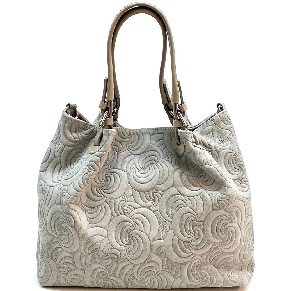 Elsa Italian Suede Tote Bag – Embossed Floral Leather Handbag - Leather Italiano