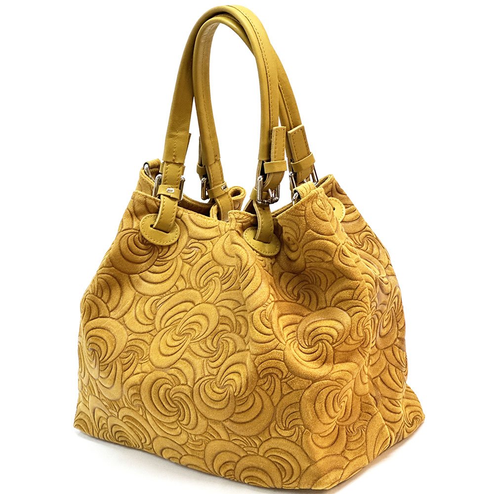 Elsa Italian Suede Tote Bag – Embossed Floral Leather Handbag - Leather Italiano