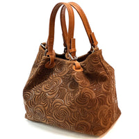 Elsa Italian Suede Tote Bag – Embossed Floral Leather Handbag - Leather Italiano