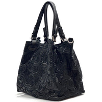Elsa Italian Suede Tote Bag – Embossed Floral Leather Handbag - Leather Italiano