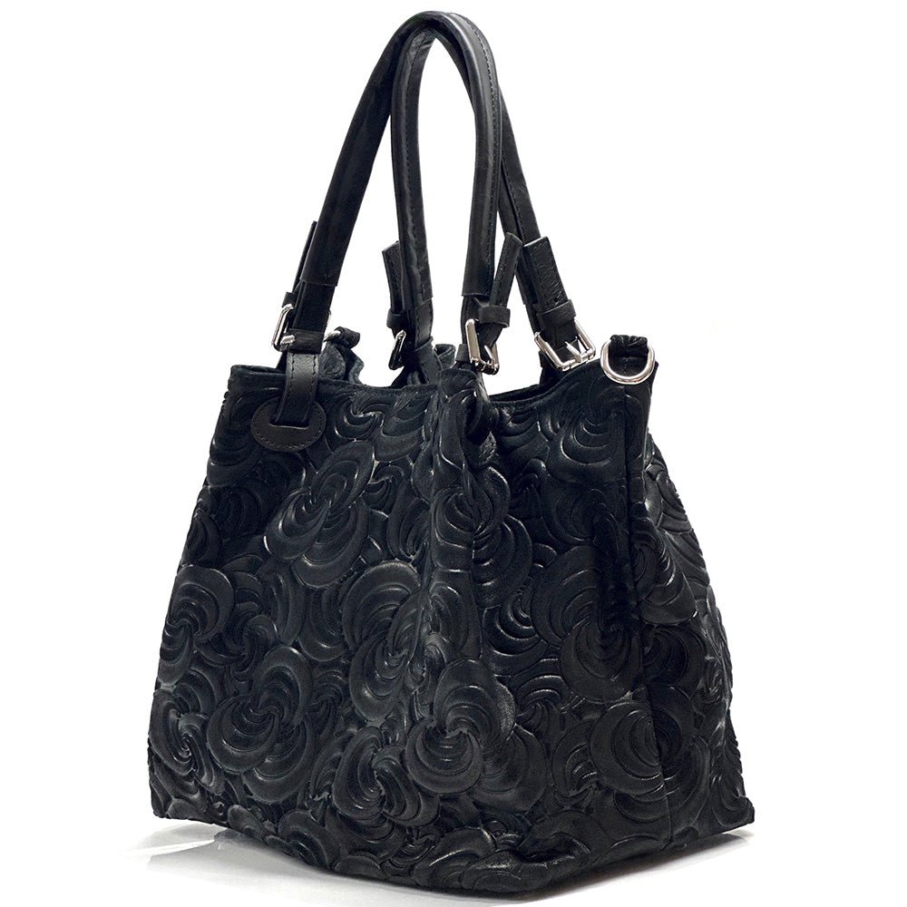 Elsa Italian Suede Tote Bag – Embossed Floral Leather Handbag - Leather Italiano