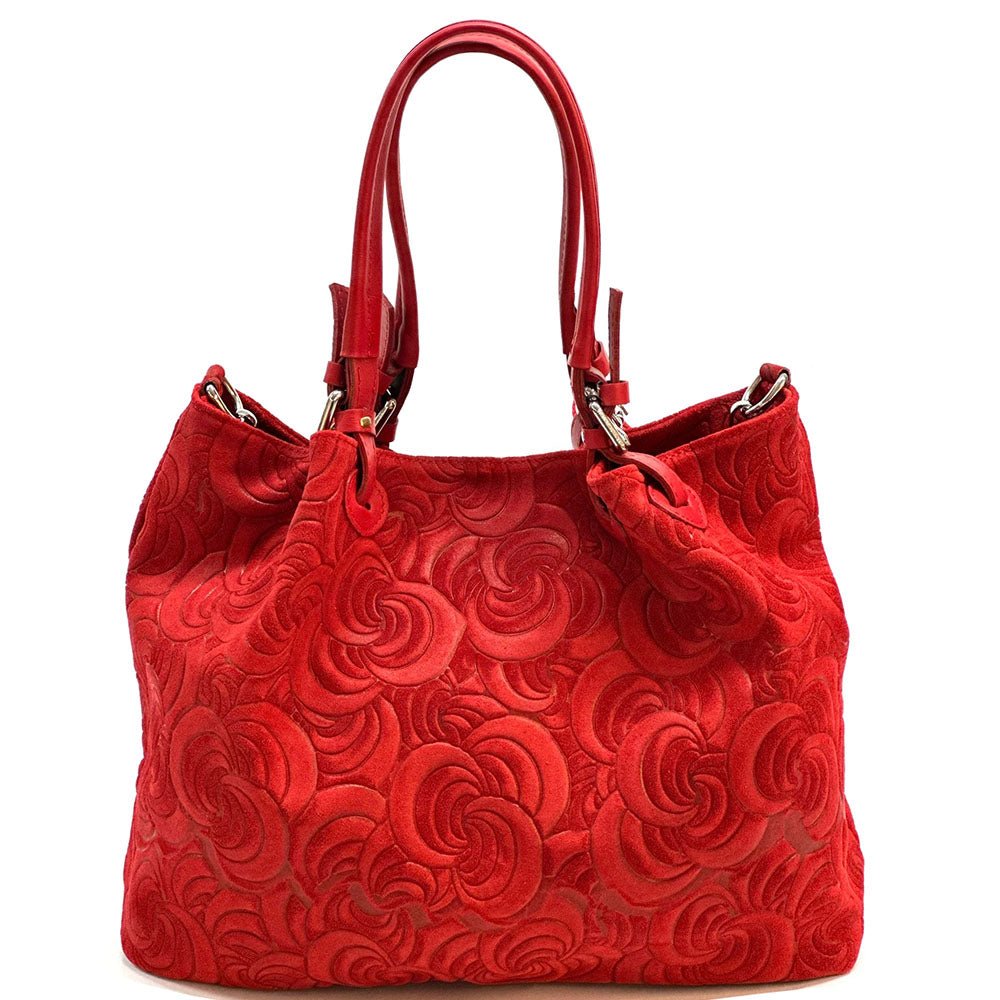 Elsa Italian Suede Tote Bag – Embossed Floral Leather Handbag - Leather Italiano