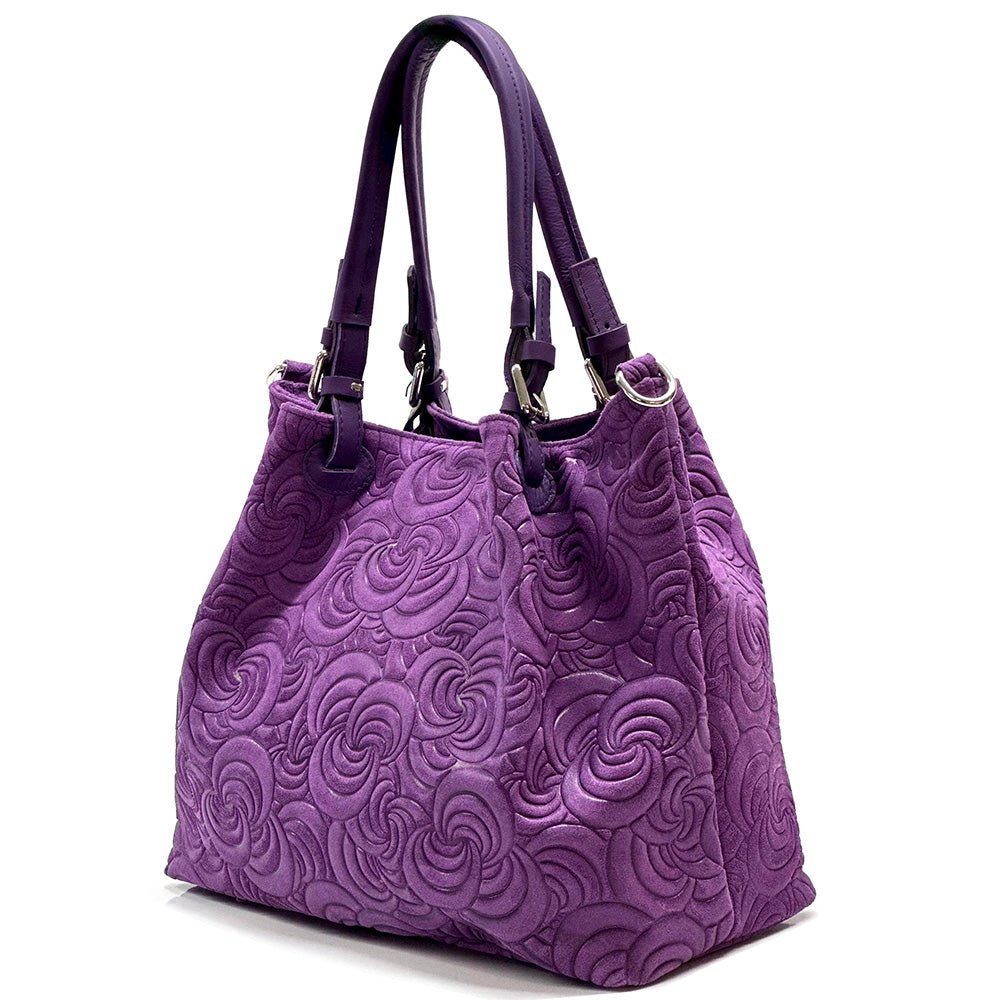 Elsa Italian Suede Tote Bag – Embossed Floral Leather Handbag - Leather Italiano