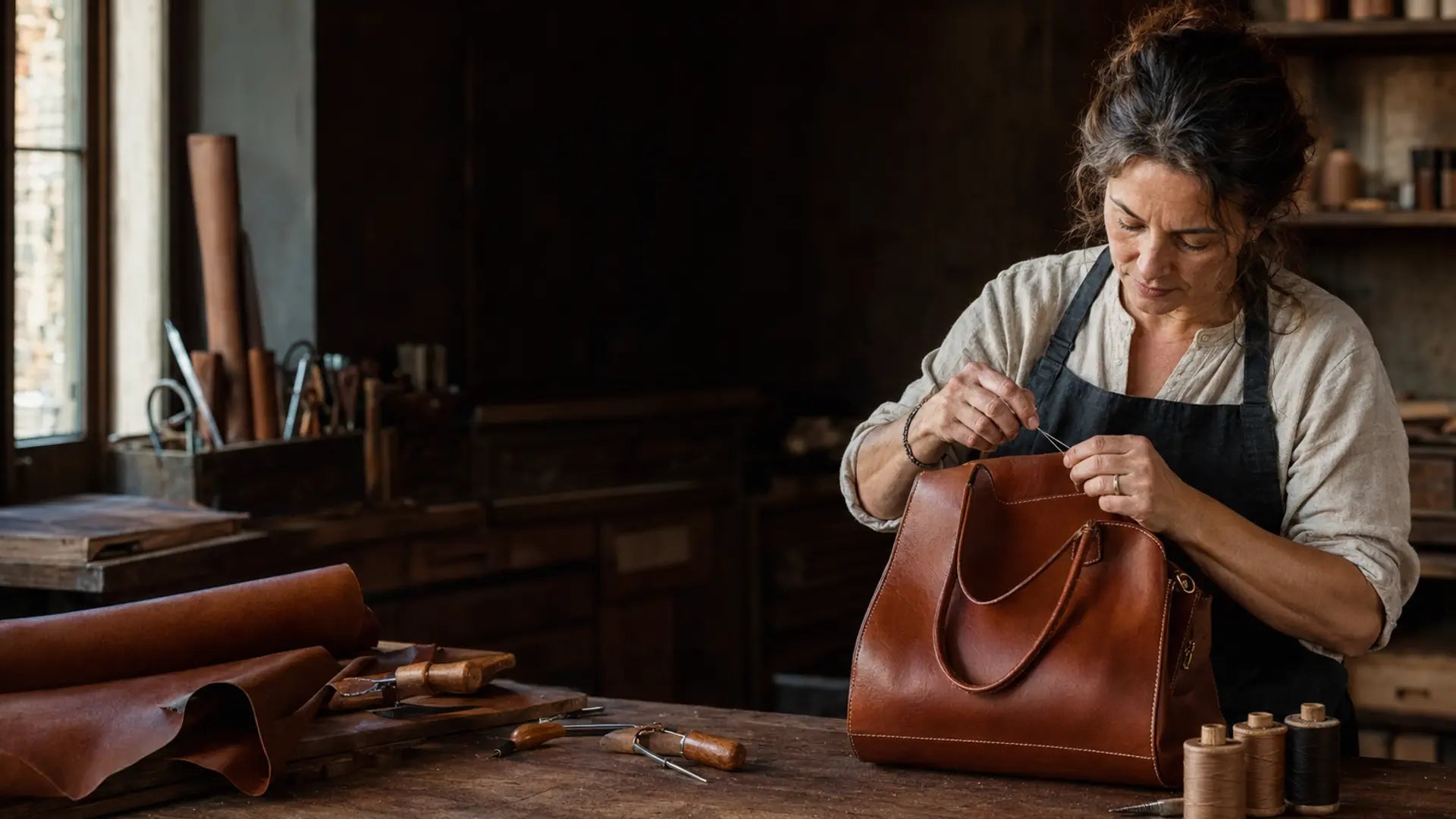 Florentine artisan hand-stitching a full-grain Italian leather bag