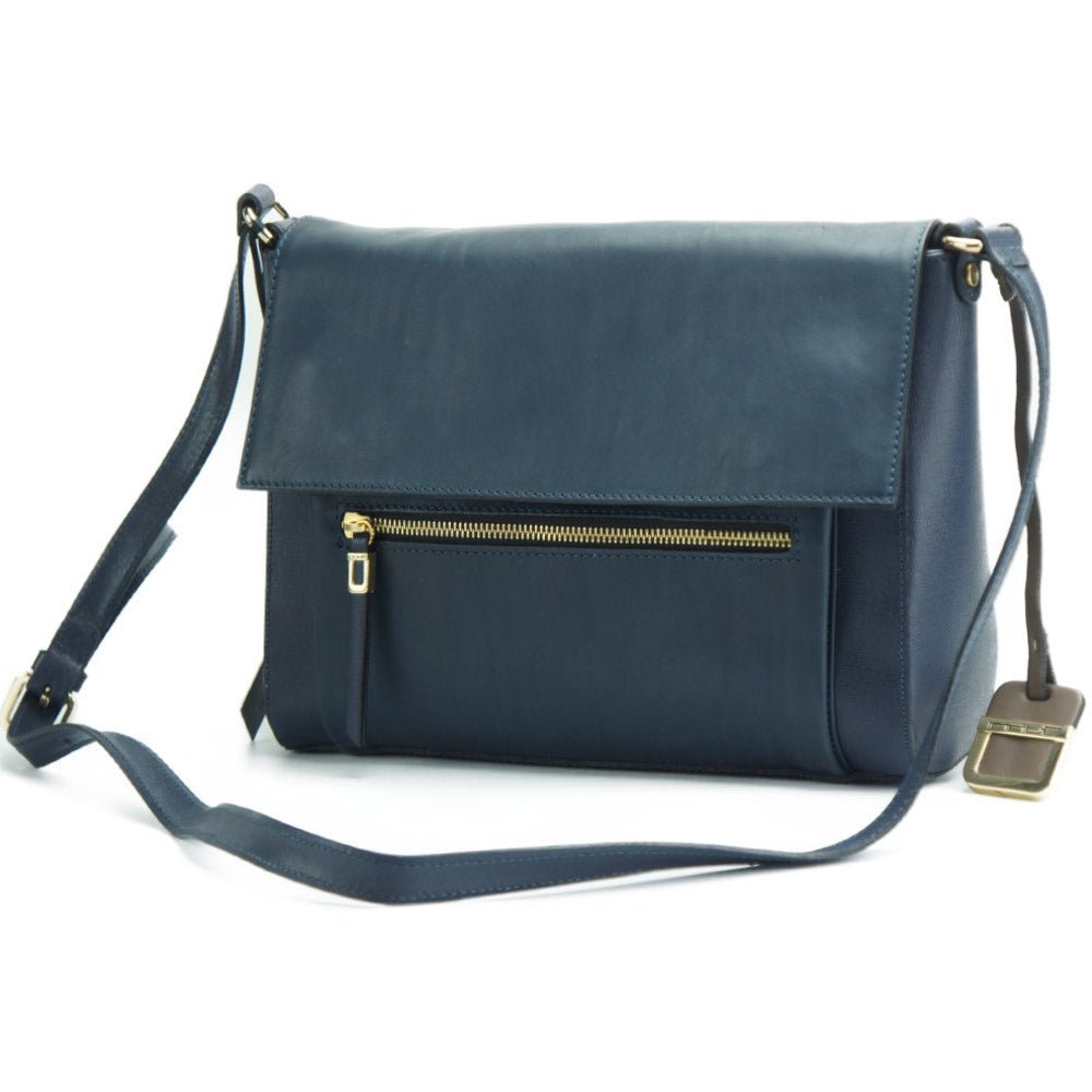 Angled View of Gaspare Oversized Blue Leather Clutch Bag