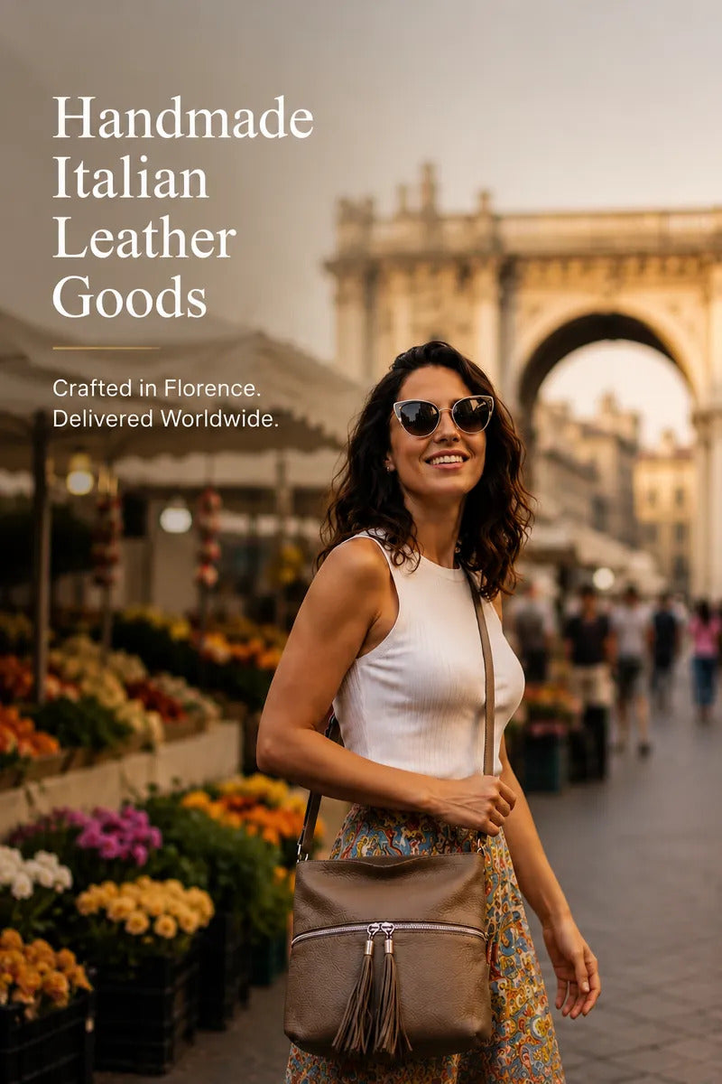 Woman carrying a handmade Italian leather crossbody bag in Florence, Italy