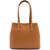 Front View of Heather Leather Satchel Briefcase in Tan for Women