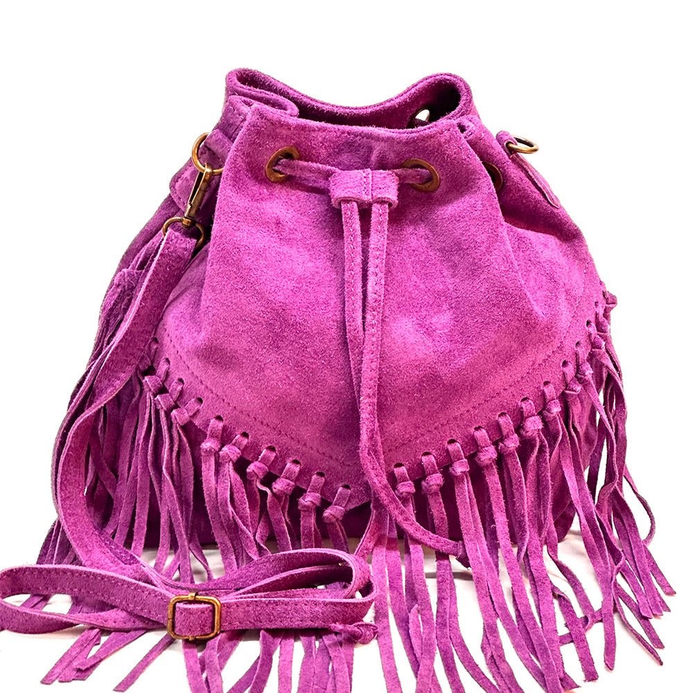 Ileana Fringed Suede Bucket Bag – Bohemian Italian Chic - Leather Italiano