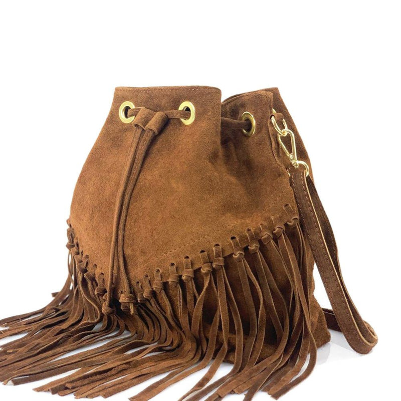 Ileana Fringed Suede Bucket Bag – Bohemian Italian Chic - Leather Italiano