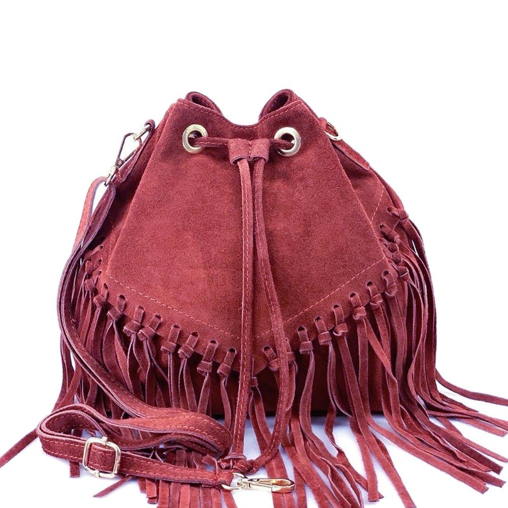 Ileana Fringed Suede Bucket Bag – Bohemian Italian Chic - Leather Italiano