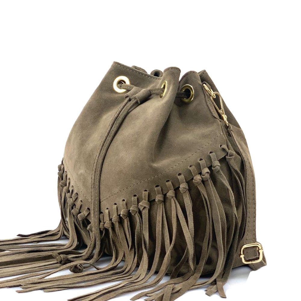 Ileana Fringed Suede Bucket Bag – Bohemian Italian Chic - Leather Italiano