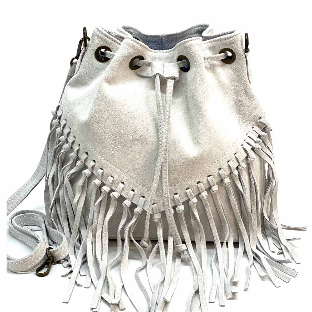 Ileana Fringed Suede Bucket Bag – Bohemian Italian Chic - Leather Italiano