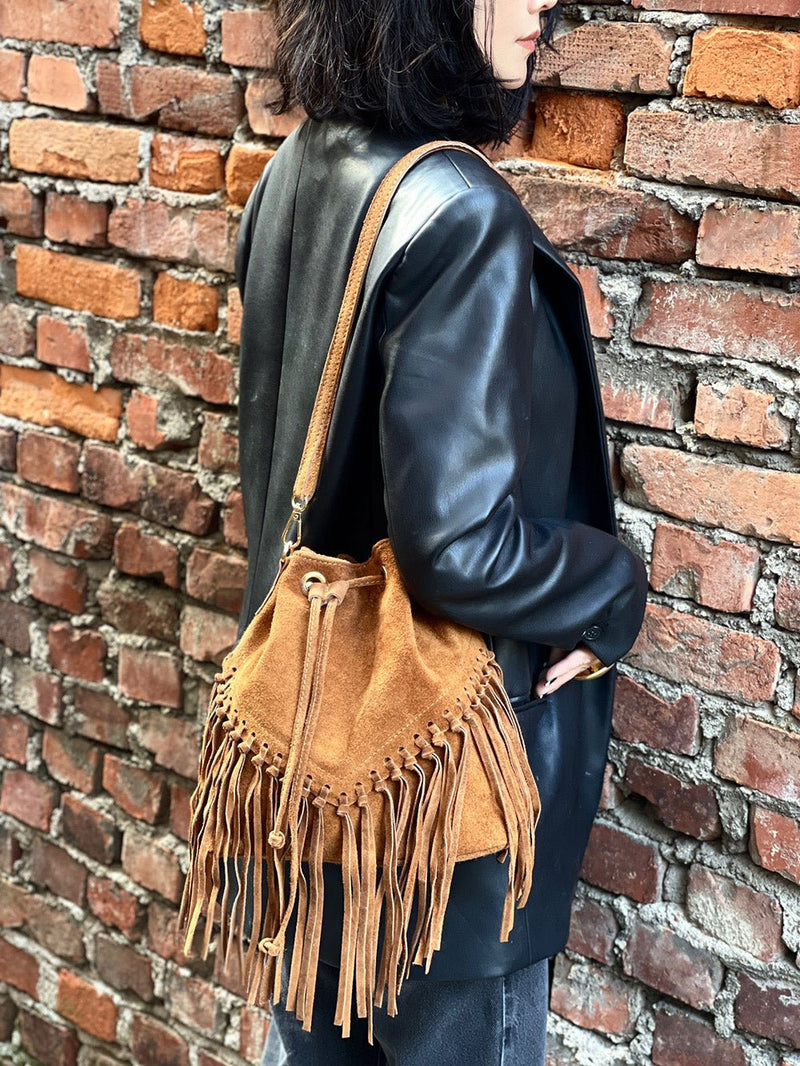 Ileana Fringed Suede Bucket Bag – Bohemian Italian Chic - Leather Italiano