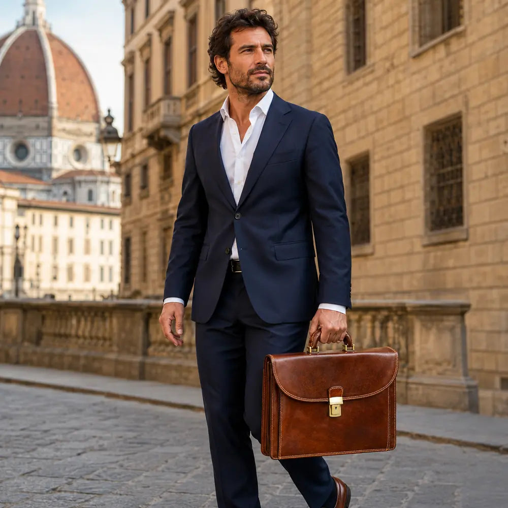Man carrying a brown Italian leather briefcase in Florence
