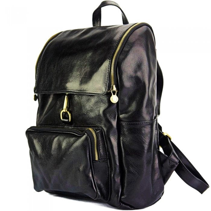 angled view of lucca black leather backpack