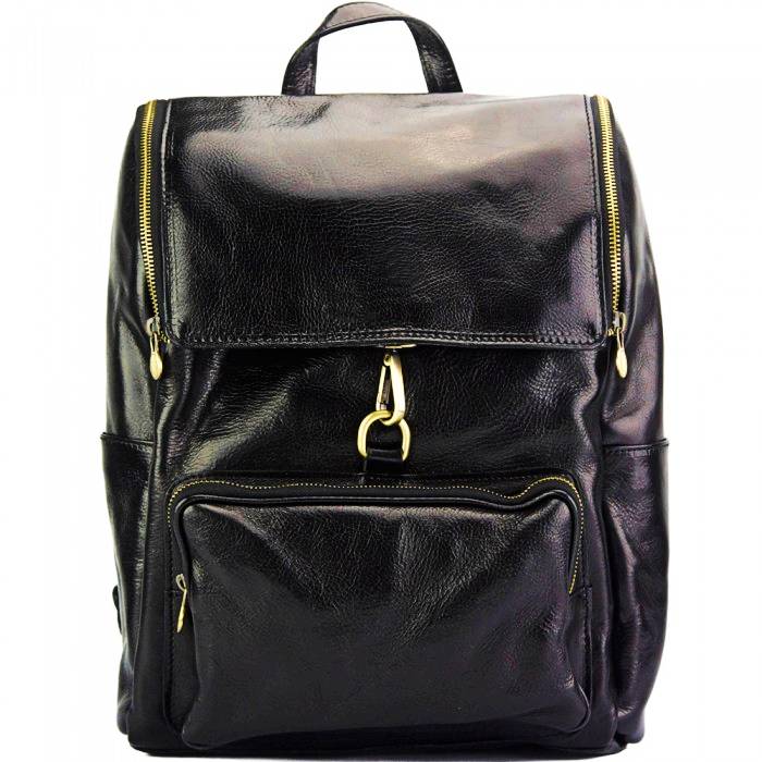 front view of lucca black leather backpack