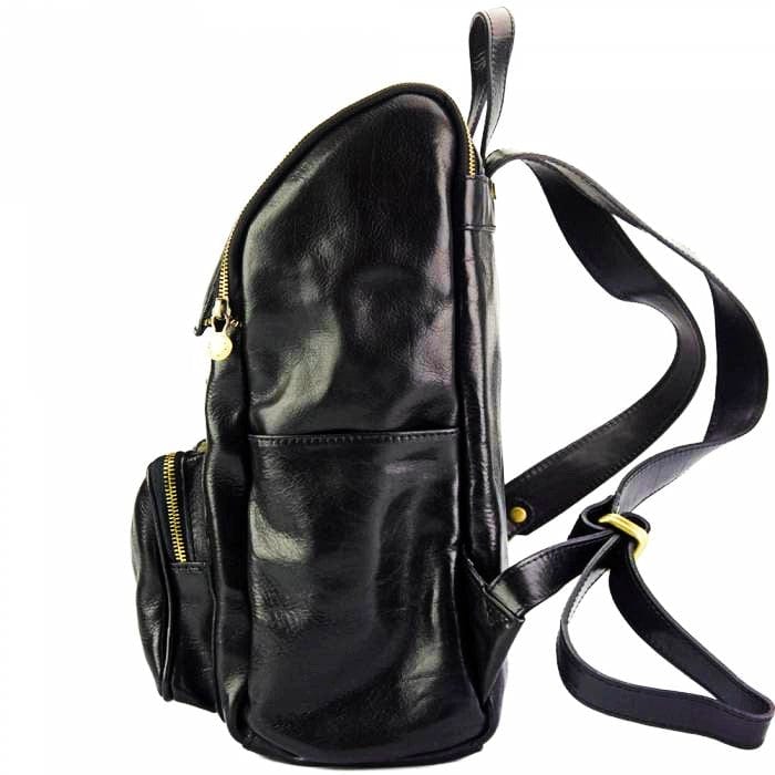 side view of lucca black leather backpack