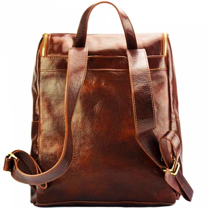 back view of lucca brown leather backpack