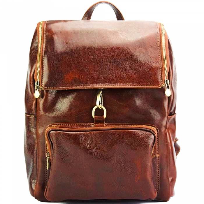 front view of lucca brown leather backpack