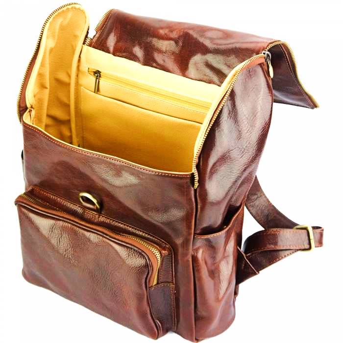 interior view of lucca brown leather backpack