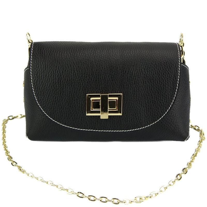 Front View of Martina GM Black Leather Clutch Bag with Gold Chain