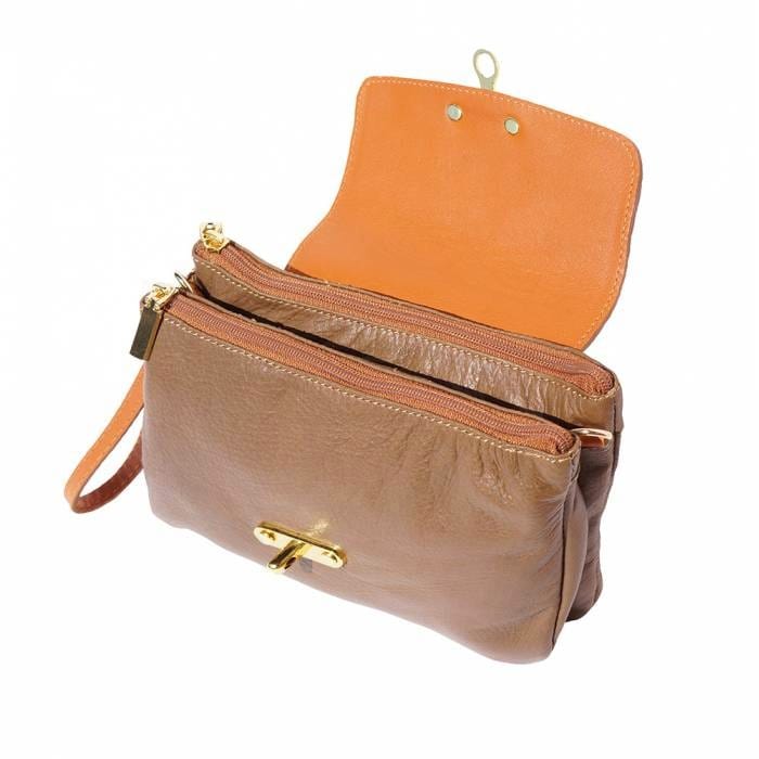 Messina Womens Tan Leather Clutch with flap lifted