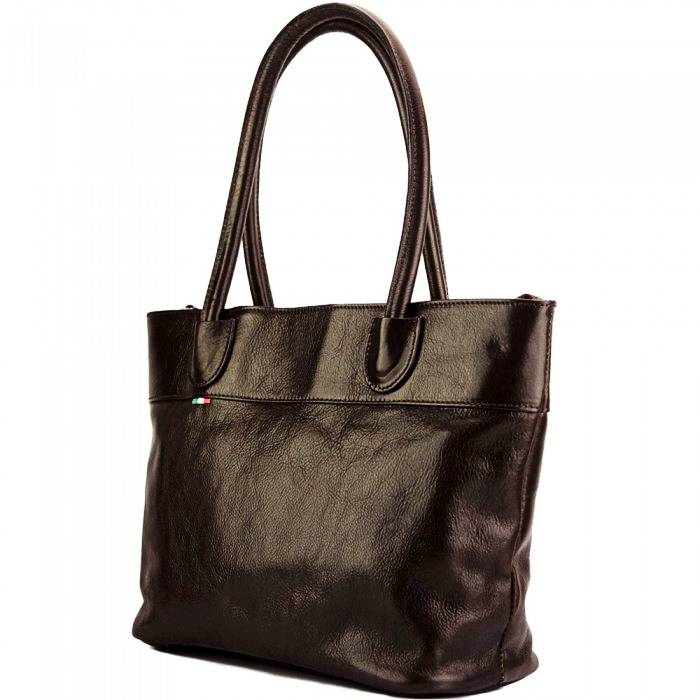 Angled view of the Milan Womens Leather Tote Bag in very dark brown