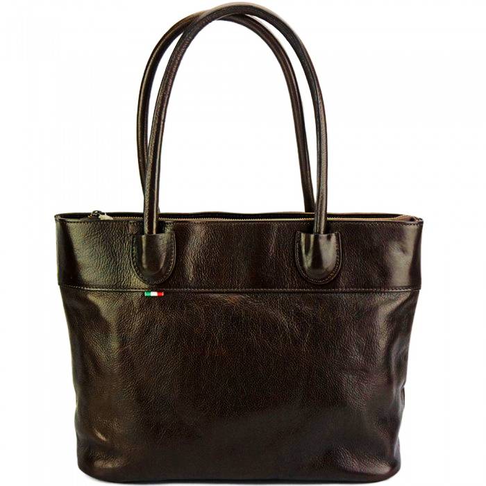 Front view of the Milan Womens Leather Tote Bag in very dark brown