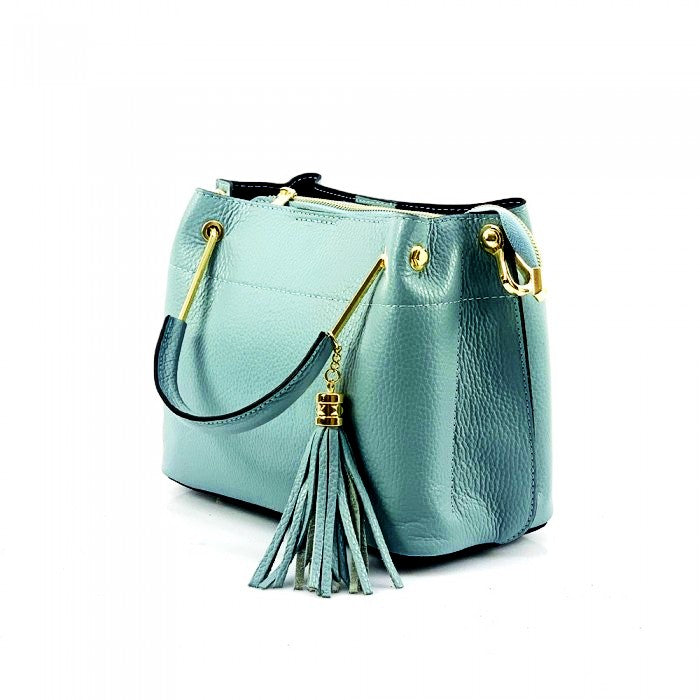 Side view of Modena cyan leather purse for woman