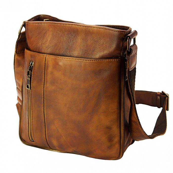 alternative angled view of monza small brown leather messenger bag