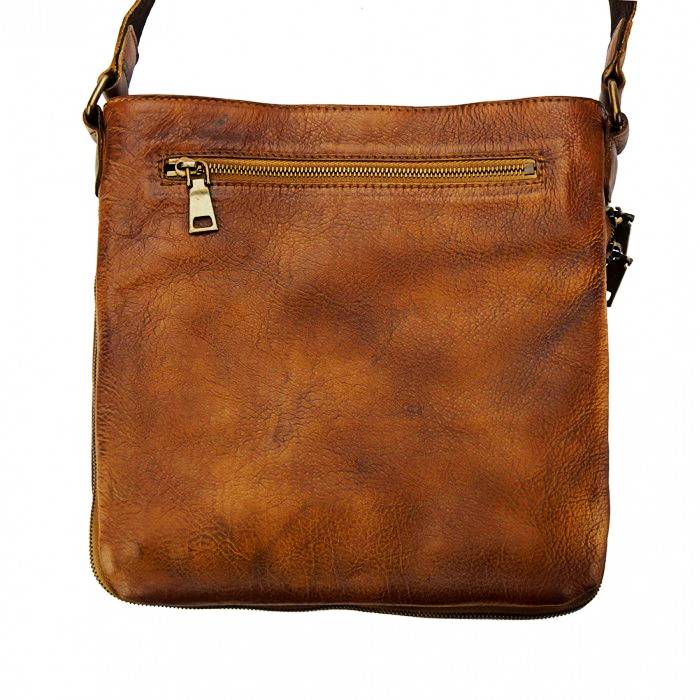 back view of monza small brown leather messenger bag