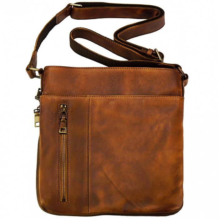 front view of monza small brown leather messenger bag